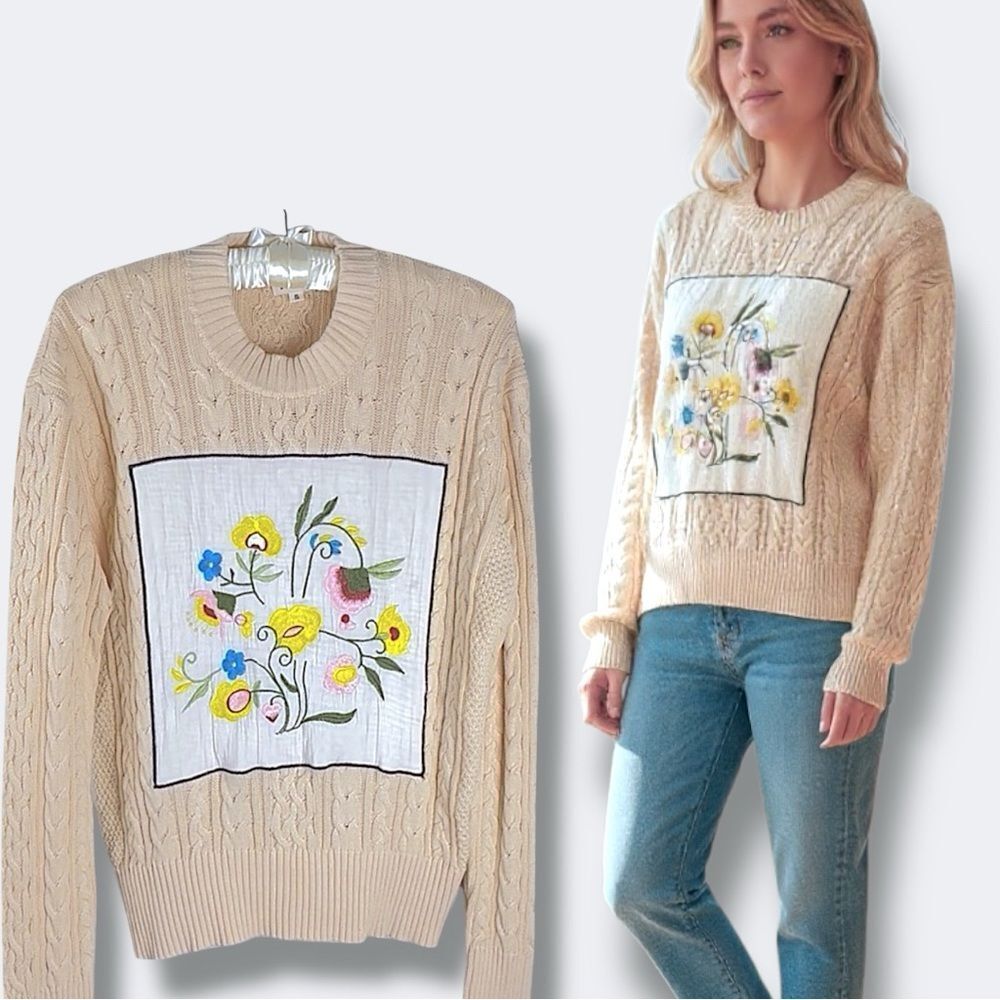 POL Cableknit ButterYellow Floral Embroidered Placket Cotton New Sweater NWOT S